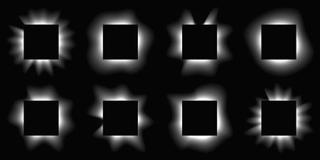 Big set of square illuminated frames with gradient. Eight white neon banners isolated on black background. Vector illustrationのイラスト素材