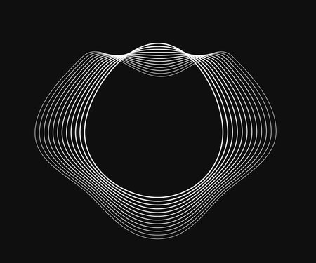 Round curved frame with dynamic wavy stripes. White wavy circles on a black background. Design element. Vector illustrationのイラスト素材
