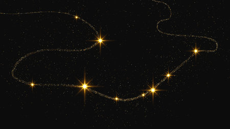 Gold glittering confetti wave and stardust. Backdrop with golden magical sparkles on dark background. Vector illustrationのイラスト素材