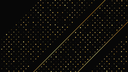 Luxurious dark background with abstract golden lines and glittering dots. Gold halftone backdrop with shimmering sparkles. A stylish and elegant design for modern templates. Vector illustrationのイラスト素材