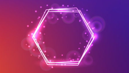 Neon hexagon frame with shining effects and sparkles on purple background. Empty glowing techno backdrop. Vector illustrationのイラスト素材