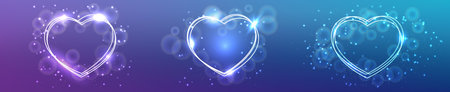 Set of three neon frames in heart form with shining effects and sparkles on purple background. Empty glowing techno backdrop. Vector illustrationのイラスト素材