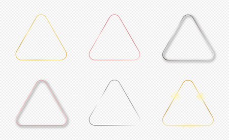Set of six gold, silver and rose gold glowing rounded rhombus frames isolated on transparent background. Shiny frame with glowing effects. Vector illustrationのイラスト素材