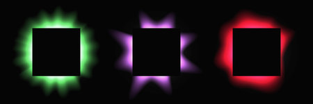 Set of square illuminated frames with gradient. Three multicolor neon banners isolated on black background. Vector illustrationのイラスト素材