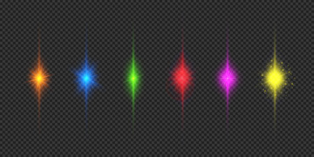 Light effect of lens flares. Six multicolor glowing light starburst effects with sparkles on a gray transparent background. Vector illustrationのイラスト素材