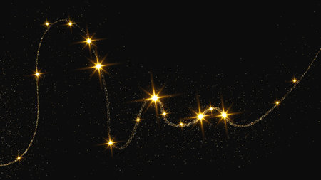 Gold glittering confetti wave and stardust. Backdrop with golden magical sparkles on dark background. Vector illustrationのイラスト素材