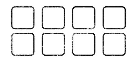 Set of grunge borders in rounded square form. Collection of eight dark textured frames with empty space on white background. Vector illustrationのイラスト素材