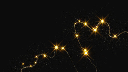 Gold glittering confetti wave and stardust. Backdrop with golden magical sparkles on dark background. Vector illustrationのイラスト素材