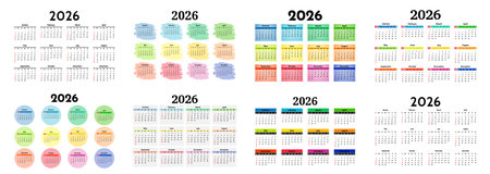 Set of eight calendars for 2026 isolated on a white background. Sunday to Monday, business template. Vector illustrationのイラスト素材