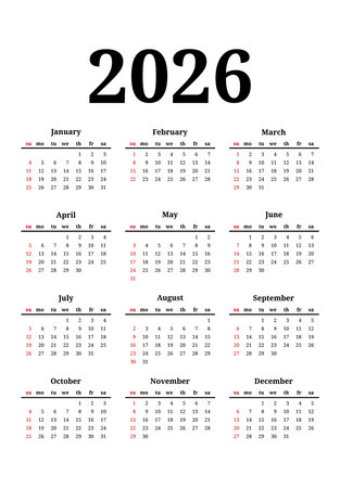 Calendar for 2026 isolated on a white background. Sunday to Monday, business template. Vector illustrationのイラスト素材