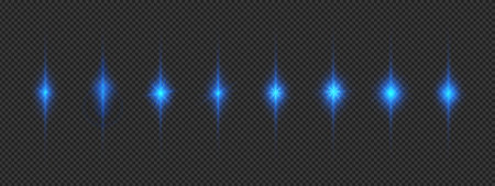 Light effect of lens flares. Eight blue glowing light starburst effects with sparkles on a gray transparent background. Vector illustrationのイラスト素材