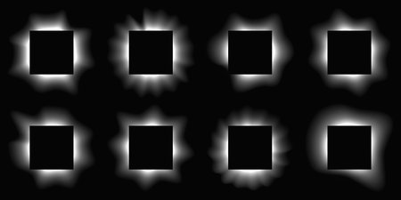 Big set of square illuminated frames with gradient. Eight white neon banners isolated on black background. Vector illustrationのイラスト素材