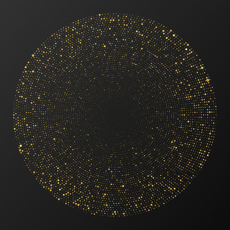 Abstract gold glowing halftone dotted background. Gold glitter pattern in circle form. Circle halftone dots. Vector illustrationのイラスト素材