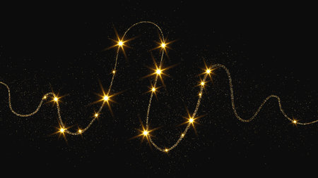 Gold glittering confetti wave and stardust. Backdrop with golden magical sparkles on dark background. Vector illustrationのイラスト素材
