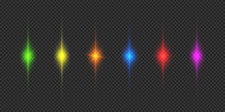 Light effect of lens flares. Six multicolor glowing light starburst effects with sparkles on a gray transparent background. Vector illustrationのイラスト素材