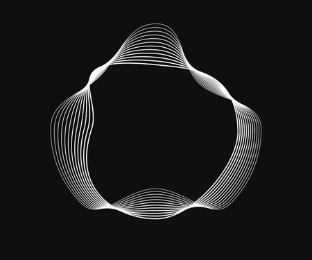 Round curved frame with dynamic wavy stripes. White wavy circles on a black background. Design element. Vector illustrationのイラスト素材