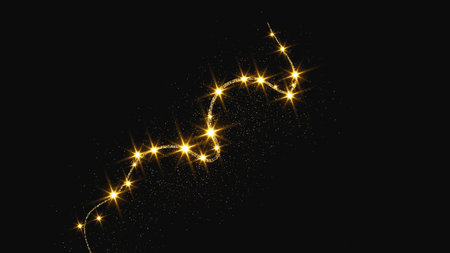 Gold glittering confetti wave and stardust. Backdrop with golden magical sparkles on dark background. Vector illustrationのイラスト素材