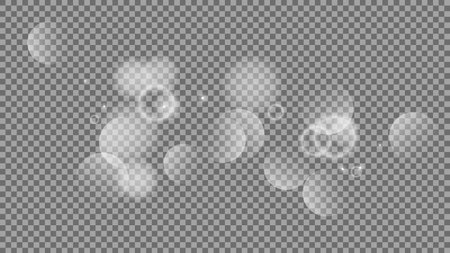 Bokeh circles on transparent background. White shining dust, flare sparkles and bokeh lights. Vector illustrationのイラスト素材