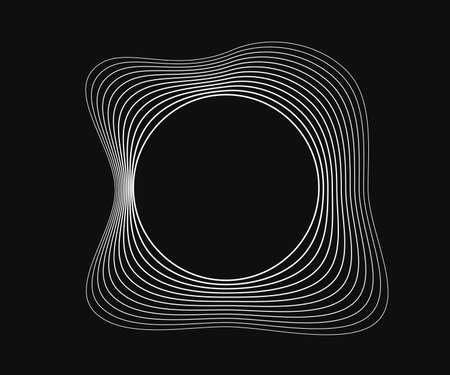 Round curved frame with dynamic wavy stripes. White wavy circles on a black background. Design element. Vector illustrationのイラスト素材