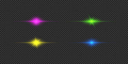 Light effect of lens flares. Four multicolor horizontal glowing light starburst effects with sparkles on a gray transparent background. Vector illustrationのイラスト素材