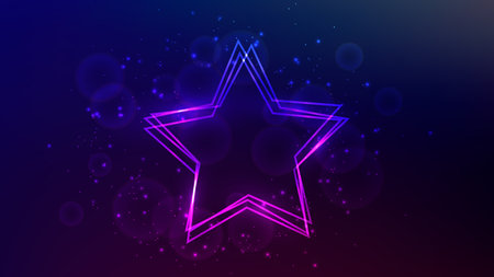 Neon frame in star form with shining effects and sparkles on purple background. Empty glowing techno backdrop. Vector illustrationのイラスト素材