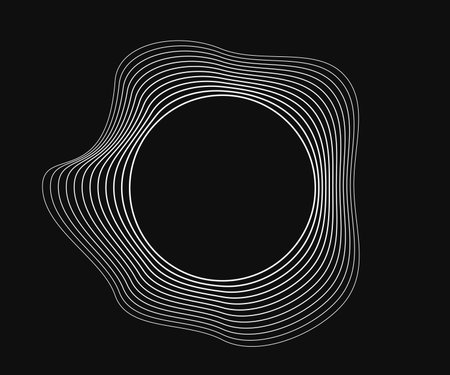 Round curved frame with dynamic wavy stripes. White wavy circles on a black background. Design element. Vector illustrationのイラスト素材