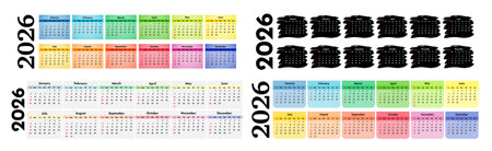 Set of four horizontal calendars for 2026 isolated on a white background. Sunday to Monday, business template. Vector illustrationのイラスト素材