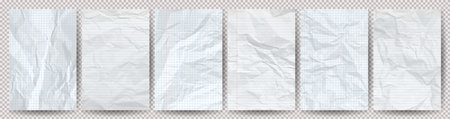 Set of white clean crumpled papers on a transparent background. Six crumpled empty notebook sheets of paper with shadow for posters and banners. Vector illustrationのイラスト素材
