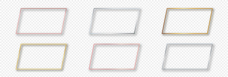 Set of six gold, silver and rose gold glowing rectangular shape frames isolated on transparent background. Shiny frame with glowing effects. Vector illustrationのイラスト素材