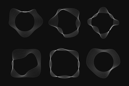 Set of six round curved frames with dynamic wavy stripes. Collection of white wavy circles on a black background. Design element. Vector illustrationのイラスト素材