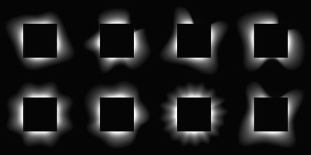 Big set of square illuminated frames with gradient. Eight white neon banners isolated on black background. Vector illustrationのイラスト素材