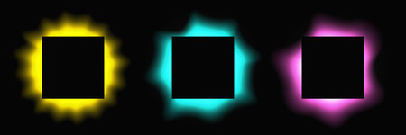 Set of square illuminated frames with gradient. Three multicolor neon banners isolated on black background. Vector illustrationのイラスト素材