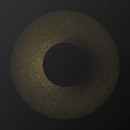 Abstract gold glowing halftone dotted background. Gold glitter pattern in circle form. Circle halftone dots. Vector illustrationのイラスト素材