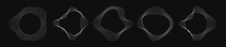 Set of five round curved frames with dynamic wavy stripes. Collection of white wavy circles on a black background. Design element. Vector illustrationのイラスト素材