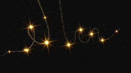Gold glittering confetti wave and stardust. Backdrop with golden magical sparkles on dark background. Vector illustrationのイラスト素材