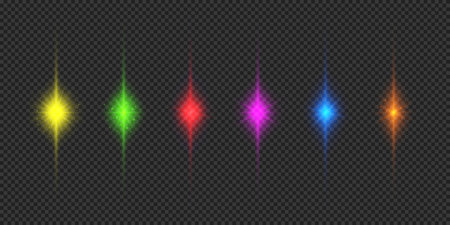 Light effect of lens flares. Six multicolor glowing light starburst effects with sparkles on a gray transparent background. Vector illustrationのイラスト素材
