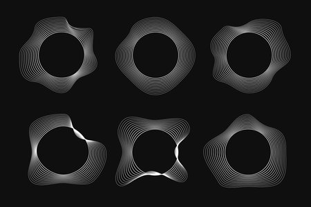 Set of six round curved frames with dynamic wavy stripes. Collection of white wavy circles on a black background. Design element. Vector illustrationのイラスト素材