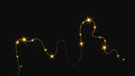 Gold glittering confetti wave and stardust. Backdrop with golden magical sparkles on dark background. Vector illustrationのイラスト素材