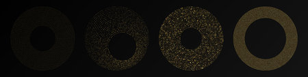 Abstract gold glowing halftone dotted background. Set of four gold glitter patterns in circle form. Circle halftone dots. Vector illustrationのイラスト素材