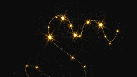 Gold glittering confetti wave and stardust. Backdrop with golden magical sparkles on dark background. Vector illustrationのイラスト素材