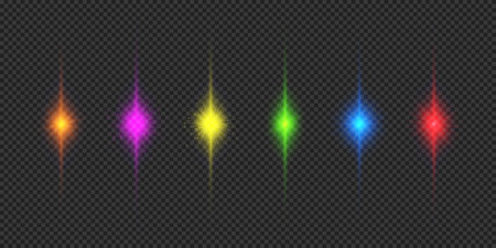 Light effect of lens flares. Six multicolor glowing light starburst effects with sparkles on a gray transparent background. Vector illustrationのイラスト素材