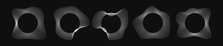 Set of five round curved frames with dynamic wavy stripes. Collection of white wavy circles on a black background. Design element. Vector illustrationのイラスト素材