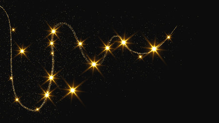 Gold glittering confetti wave and stardust. Backdrop with golden magical sparkles on dark background. Vector illustrationのイラスト素材