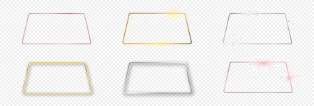 Set of six gold, silver and rose gold glowing rounded trapezoid frames isolated on transparent background. Shiny frame with glowing effects. Vector illustrationのイラスト素材