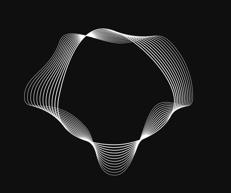 Round curved frame with dynamic wavy stripes. White wavy circles on a black background. Design element. Vector illustrationのイラスト素材