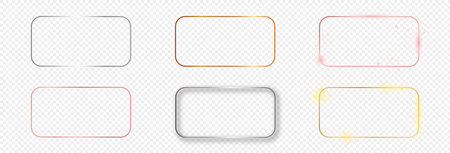 Set of six gold, silver and rose gold glowing rounded rectangular frames isolated on transparent background. Shiny frame with glowing effects. Vector illustrationのイラスト素材