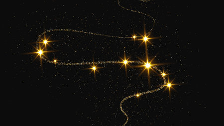 Gold glittering confetti wave and stardust. Backdrop with golden magical sparkles on dark background. Vector illustrationのイラスト素材