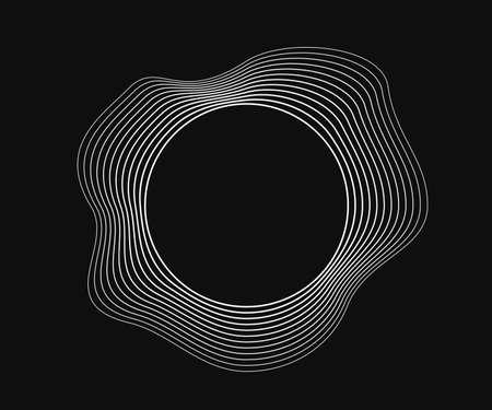 Round curved frame with dynamic wavy stripes. White wavy circles on a black background. Design element. Vector illustrationのイラスト素材