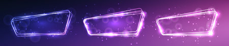 Set of three neon rounded frames with shining effects and sparkles on purple background. Empty glowing techno backdrop. Vector illustrationのイラスト素材