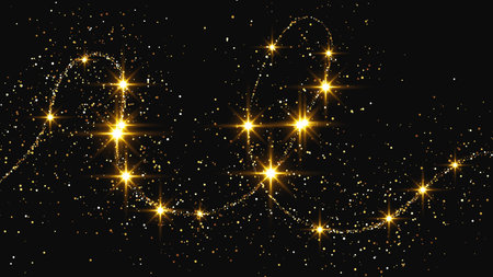 Gold glittering confetti wave and stardust. Backdrop with golden magical sparkles on dark background. Vector illustrationのイラスト素材